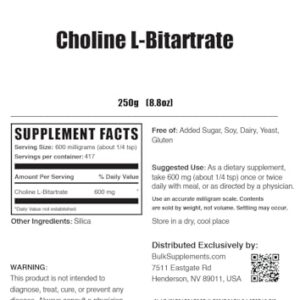 BulkSupplements.com Choline Bitartrate Powder - as Choline L-Bitartrate, Choline Supplement, Choline 600mg - Gluten Free, 600mg per Serving, 250g (8.8 oz) (Pack of 1) - Image 2