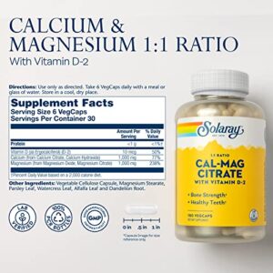 SOLARAY Calcium Magnesium Citrate 1:1 Ratio w/Vitamin D 2 - Calcium Supplements for Women and Men - Calcium 1000mg, Magnesium 1000mg - Bone Health Support - 60-Day Guarantee, 30 Servings, 180 VegCaps - Image 2