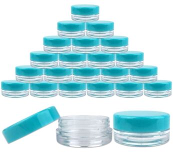 Beauticom (25 Pieces Jars + Lid) 3G/3ML Round Clear Jars with TEAL Sky Blue Screw Cap Lids for Scrubs, Oils, Toner, Salves, Creams, Lotions, Makeup Samples, Lip Balms – BPA Free