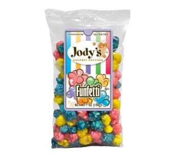 Jody’s Gourmet Popcorn Funfetti, 7 Ounce. Decadent, Indulgent, Colorful, Rich candy coated popcorn. Gluten Free, Kosher Certified, Non-GMO, Made in USA, Packaging May Vary