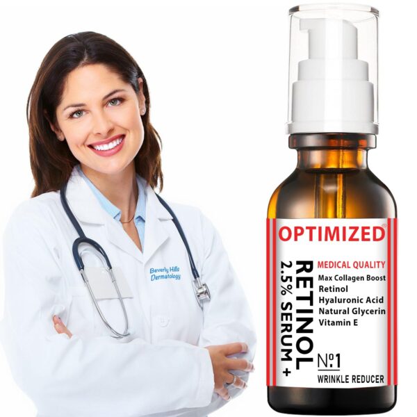 Retinol Serum 2.5% with Hyaluronic Acid, Glycerin, Vitamin E - Reduce Wrinkles, Fine Lines, Even Skin Tone, Sun Spots, Age Spots - Boost Collagen Production 1 fl oz - OPTIMIZED LAB Guaranteed - Image 3