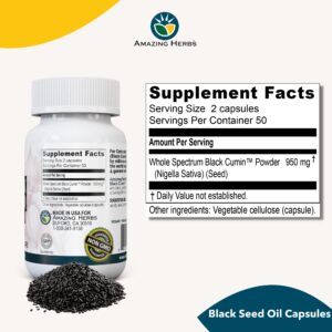 Amazing Herbs Whole Spectrum Black Seed Original Plain, Vegetarian Capsules - Gluten Free, Non GMO, Cold Pressed Nigella Sativa Aids in Digestive Health - 100 Count, 475mg - Image 5