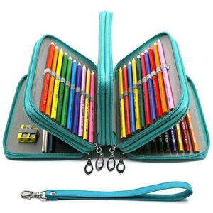 YOUSHARES 72 Slots Pencil Case - PU Leather Handy Multi-layer Large Zipper Pen Bag with Handle Strap for Colored/Watercolor Pencil (Turquoise) - Image 1