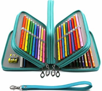 YOUSHARES 72 Slots Pencil Case – PU Leather Handy Multi-layer Large Zipper Pen Bag with Handle Strap for Colored/Watercolor Pencil (Turquoise)