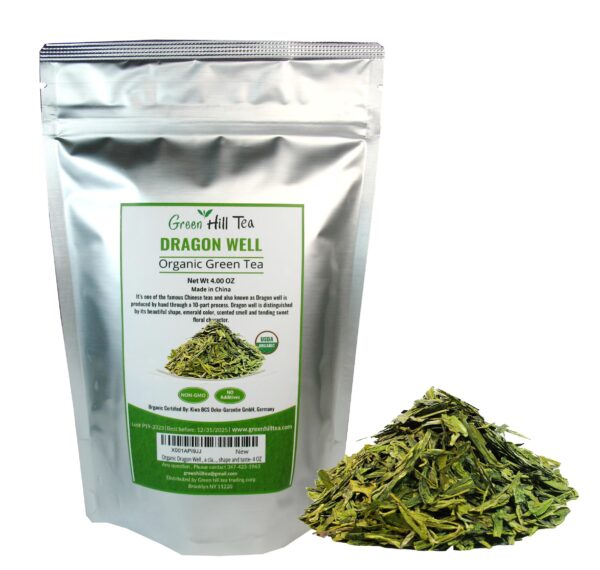 Organic Dragon Well, a classic Chinese Green tea distinguished by its color, shape and taste- 4 OZ Bag - Image 2