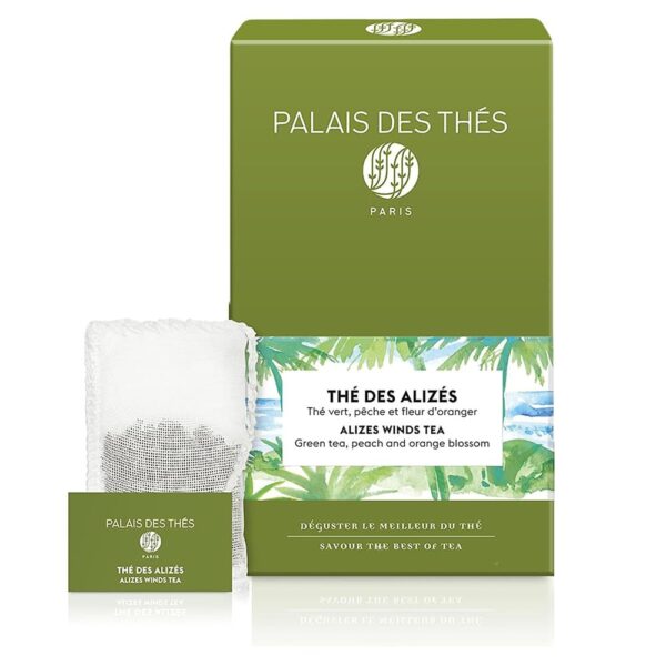 Palais des Th?s - Th? des Alizes - Premium Gourmet Green Tea with White Peach, Kiwi, Watermelon, and Flower Petals - 20 Count Biodegradable Tea Bags Box