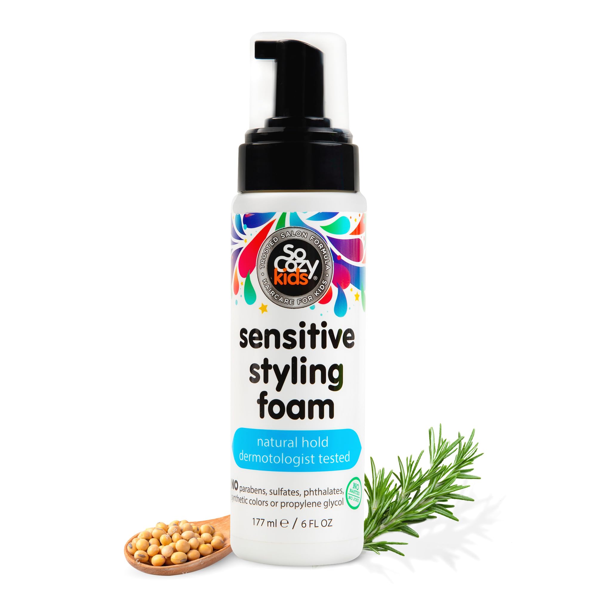 71-E2ZnKhL.jpg So Cozy Kids Sensitive Styling Foam - Sensitive Foam For Kids w/Straight or Curly Hair - Gentle Natural Hold Styler, Rosemary (6 fl oz) - Image 1