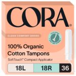 Cora Organic Applicator Tampon Multipack | 18 Light & 18 Regular Absorbency | 100% Organic Cotton, Unscented, BPA-Free Compact Applicator | Leak Protection | Packaging May Vary | 36 Total