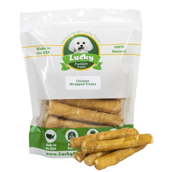 Lucky Premium Treats Chicken Wrapped Dog Treats ? USA Made Raw Hide Sticks for Medium Dogs ? Long Lasting, Preservative Free Dog Treats ? 32 Chews