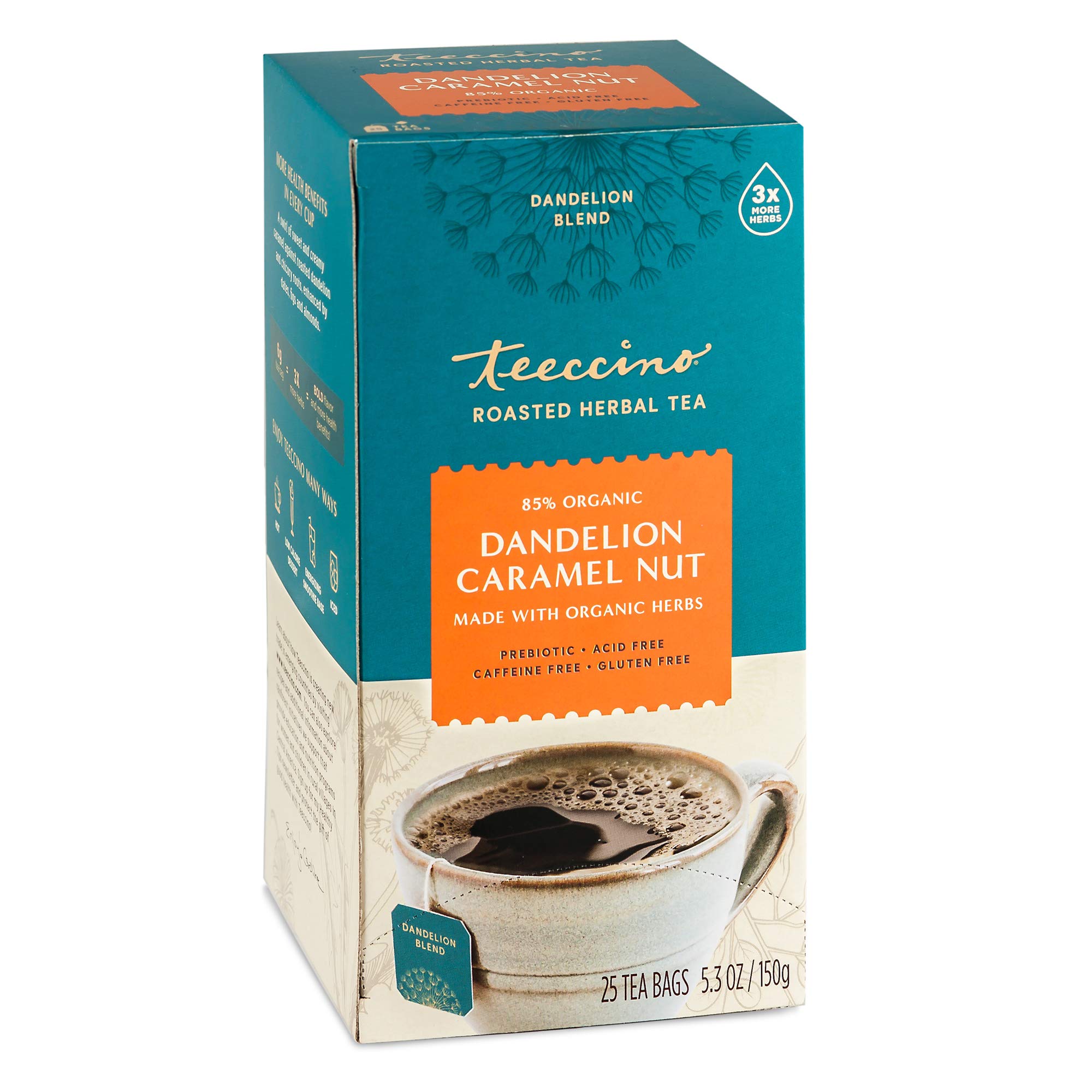 81BruGAQWmL.jpg Teeccino Dandelion Caramel Nut Tea - Caffeine Free, Roasted Herbal Tea with Prebiotics, 3x More Herbs than Regular Tea Bags, Gluten Free - 25 Tea Bags - Image 1