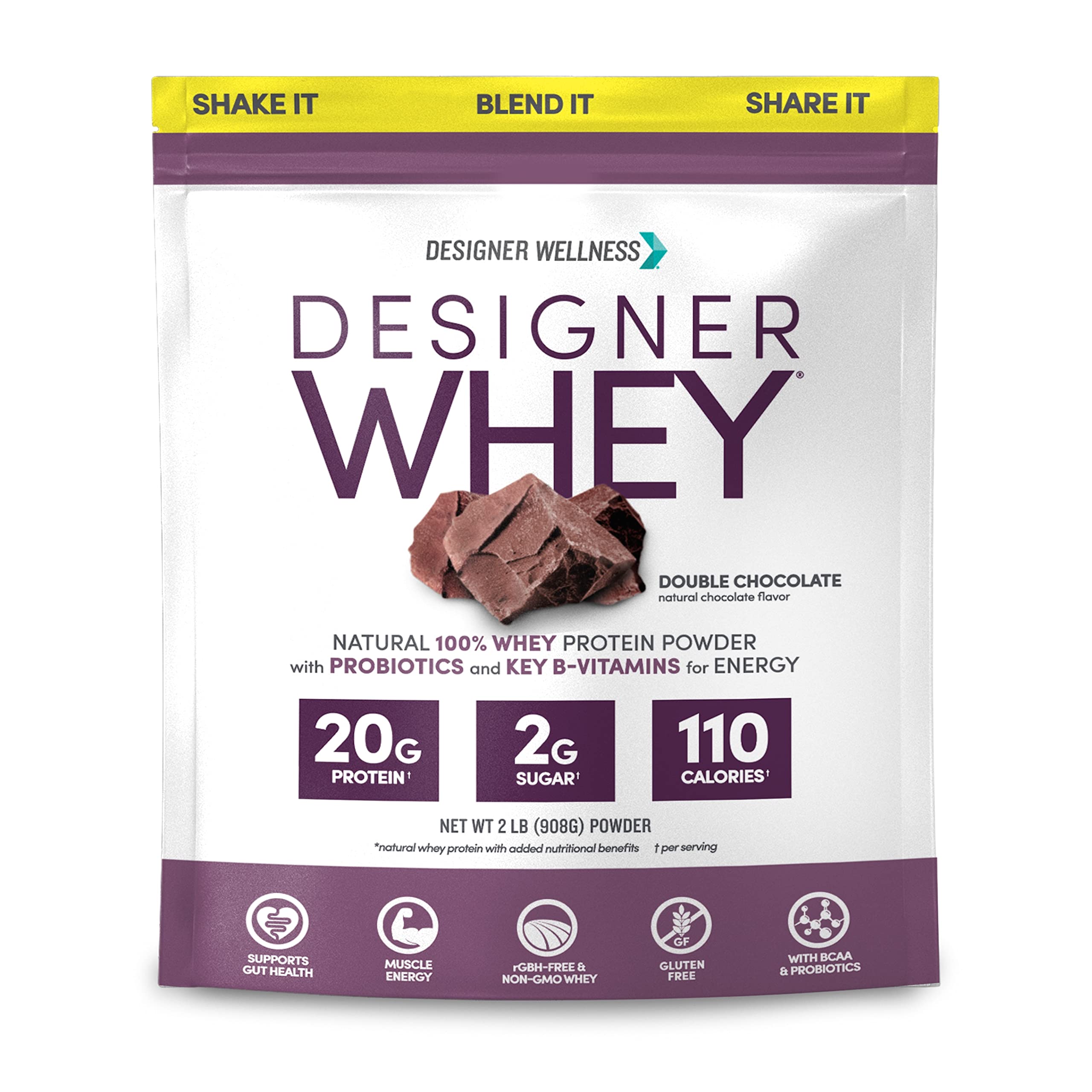 81KONrX1oL.jpg Designer Wellness, Designer Whey, Natural Whey Protein Powder with Probiotics, Fiber, and Key B-Vitamins for Energy, Gluten-Free & Kosher, Double Chocolate, 2 lb - Image 1