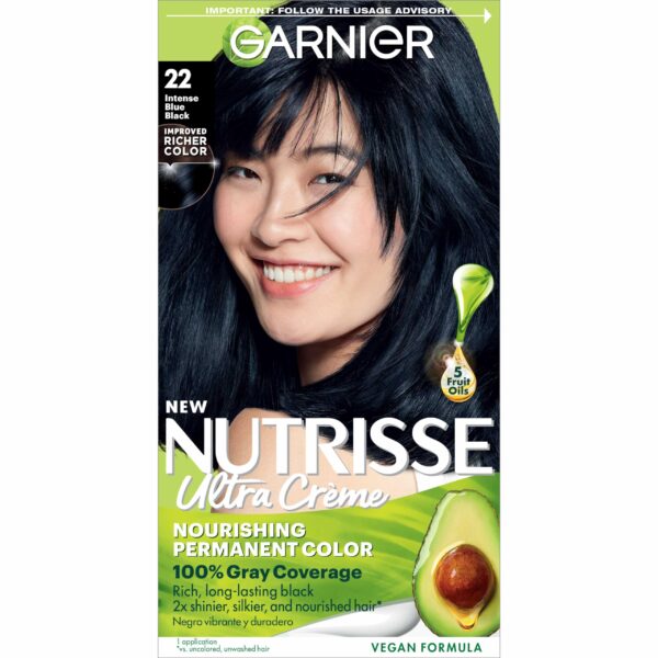 Garnier Nutrisse Nourishing Color Creme, 22 - Intense Blue Black, Permanent Hair Dye, Nourishing Hair Color with Avocado, Olive and Shea Oils, Box (Packaging May Vary)