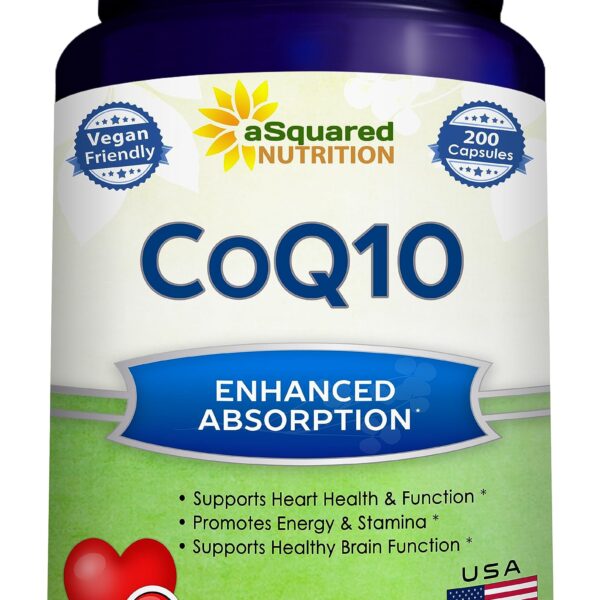 aSquared Nutrition CoQ10 (400mg Max Strength, 200 Capsules) - High Absorption Vegan Coenzyme Q10 Powder - Ubiquinone Supplement Pills, Extra Antioxidant CO Q-10 Enzyme Vitamin Tablets, Coq 10 400 mg