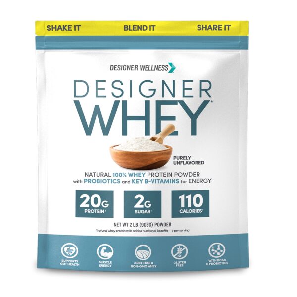 Designer Wellness, Designer Whey, Natural Whey Protein Powder with Probiotics, Fiber, and Key B-Vitamins for Energy, Gluten-Free, Purely Unflavored, 2 lb