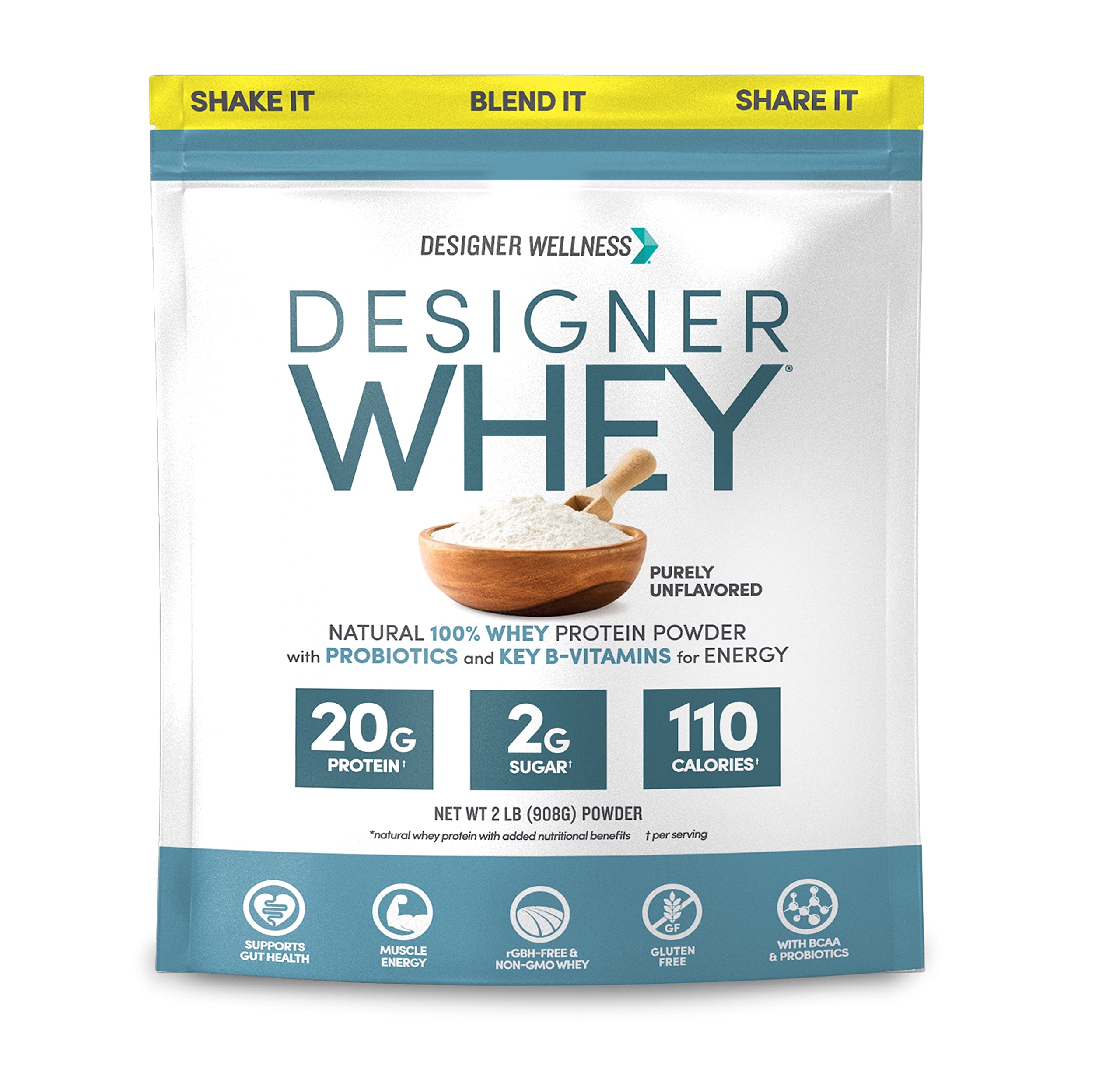 81W2SB3Fl1L.jpg Designer Wellness, Designer Whey, Natural Whey Protein Powder with Probiotics, Fiber, and Key B-Vitamins for Energy, Gluten-Free, Purely Unflavored, 2 lb - Image 1