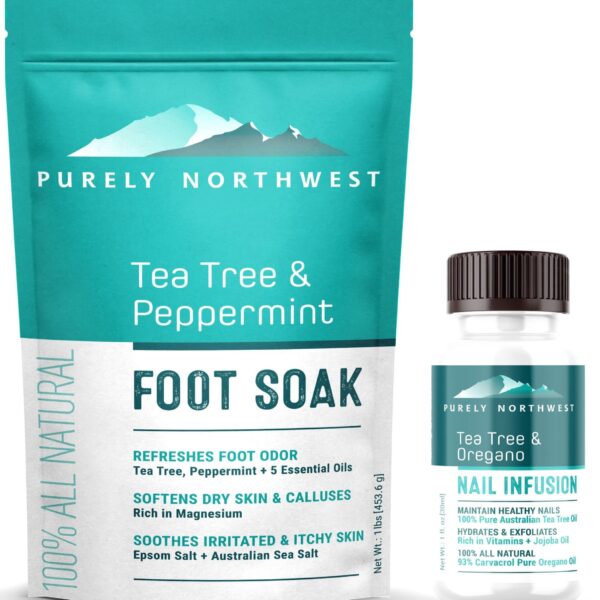 Purely Northwest-Tea Tree Oil Foot Soak & Nail Repair Oil Set- For Damaged Nails, Athletes Foot, Smelly Feet and Foot Callus - Made in the USA