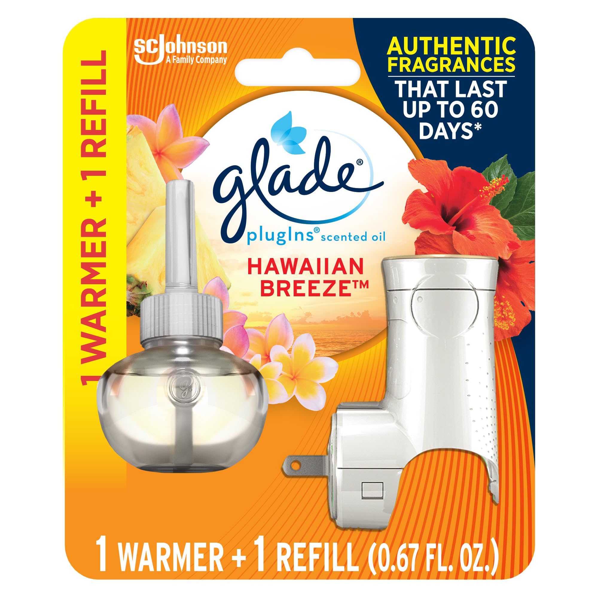 81bsWoFe5RL.jpg Glade PlugIns Refills Air Freshener Starter Kit, Scented Oil for Home and Bathroom, Hawaiian Breeze, 0.67 Fl Oz, 1 Warmer + 1 Refill - Image 1