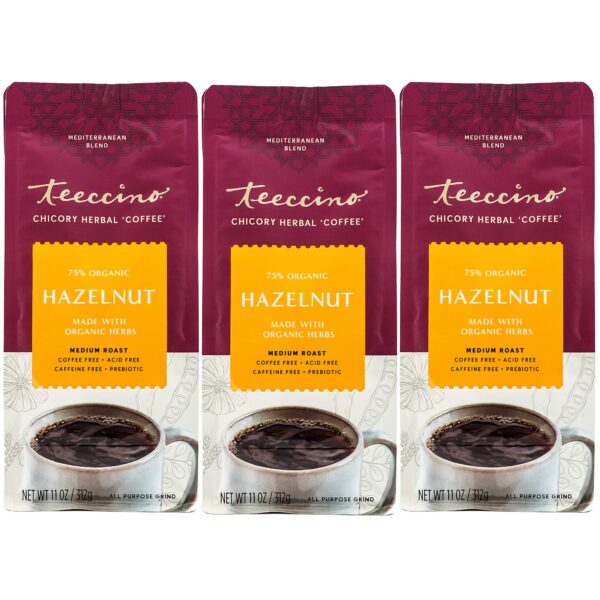 Teeccino Hazelnut Chicory Coffee Alternative - Ground Herbal Coffee That?s Prebiotic, Caffeine Free & Acid Free, Medium Roast, 11 Ounce (Pack of 3)