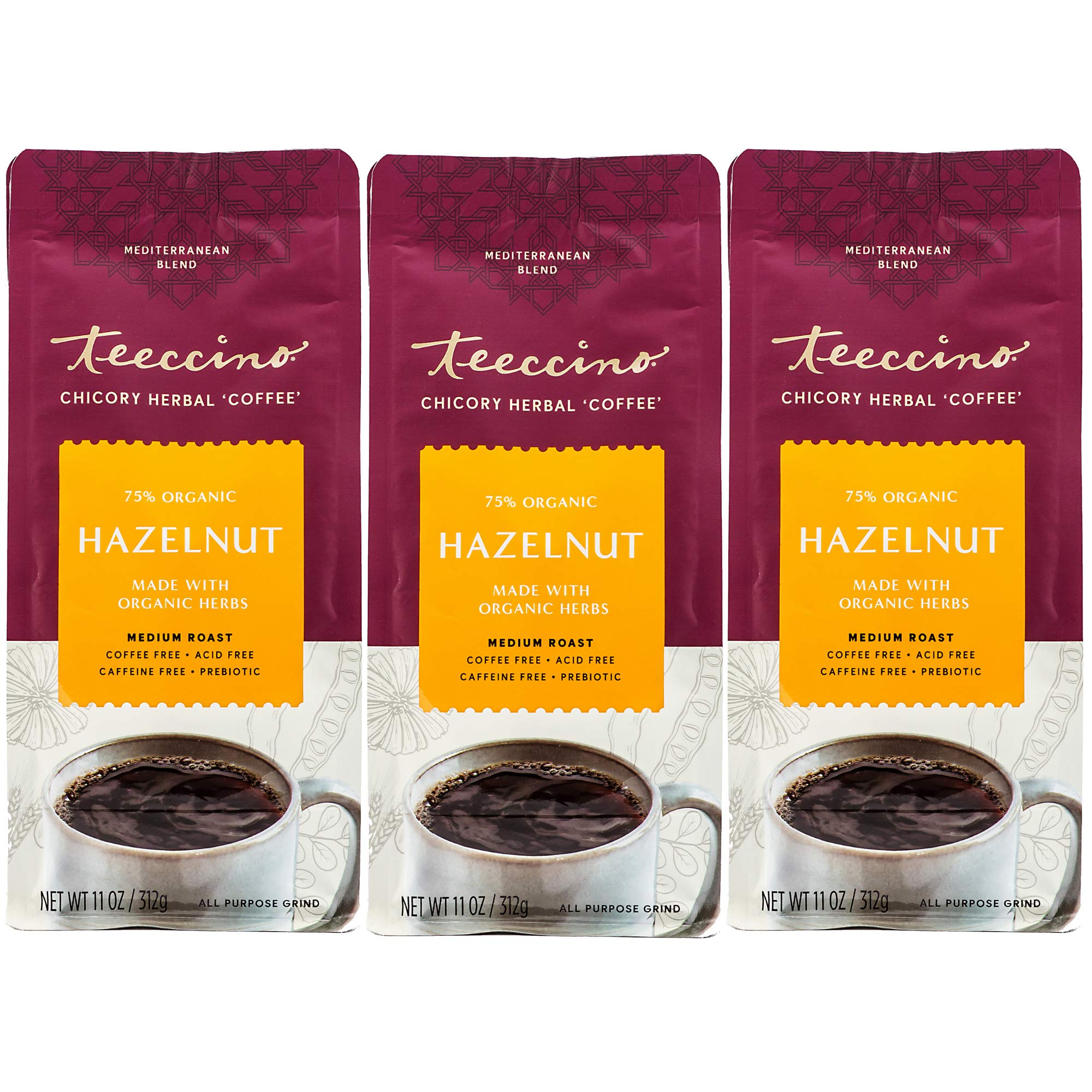 81noSO5NdmL.jpg Teeccino Hazelnut Chicory Coffee Alternative - Ground Herbal Coffee That?s Prebiotic, Caffeine Free & Acid Free, Medium Roast, 11 Ounce (Pack of 3) - Image 1